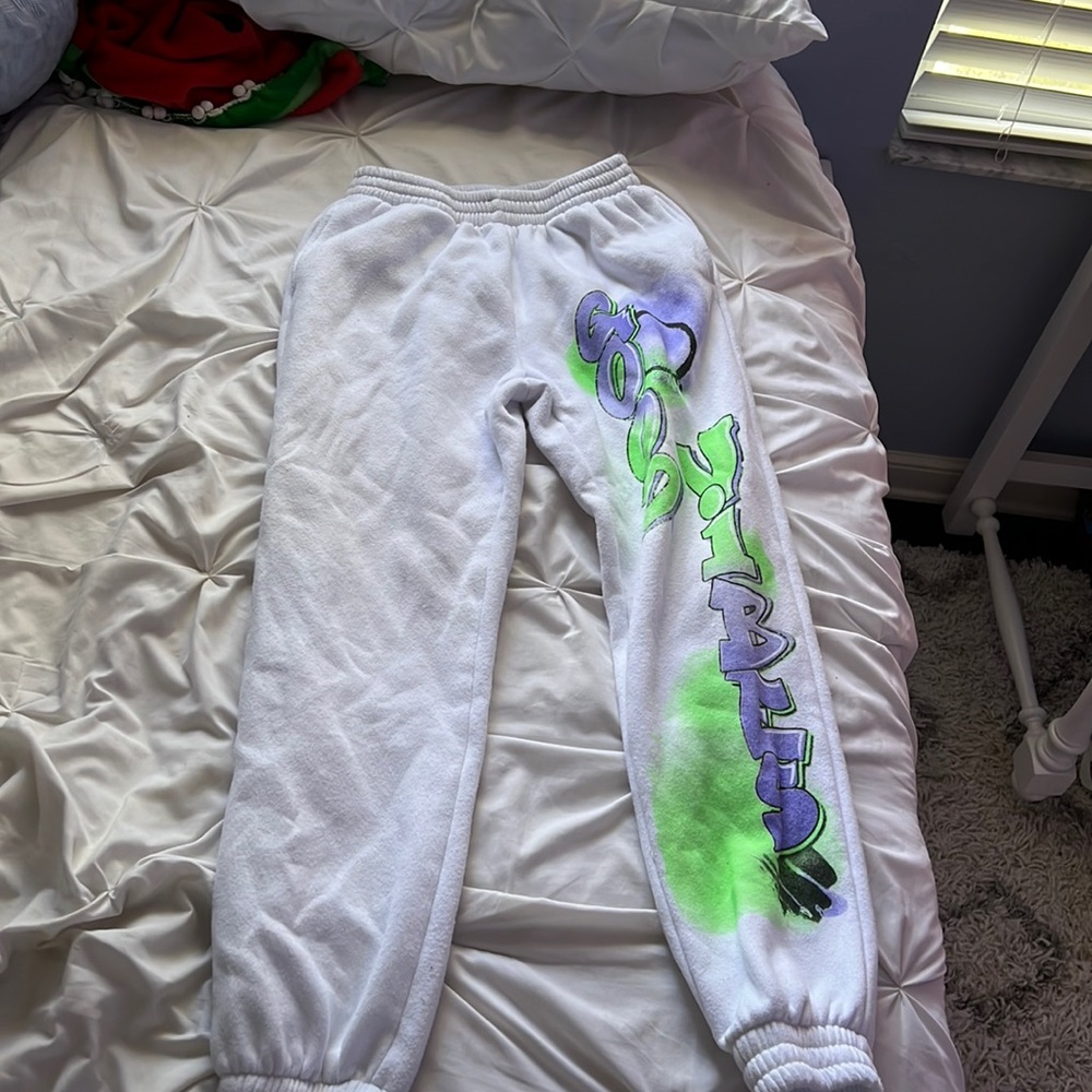 Adika sweatpants with fake spray paint (worn 15+ times)